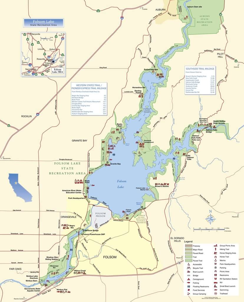 Map of Folsom Lake State Recreation Area showing trails, access points, marinas, and recreation areas